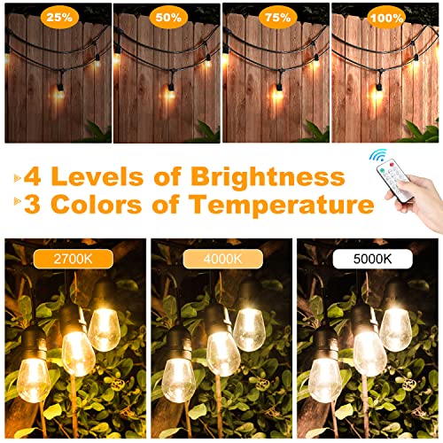 Mlambert 3-Color in 1 Dimmable Solar String Lights Outdoor,48ft LED Patio String Lights with Remotes,15 Hanging Sockets,Waterproof Shatterproof,Warm White Daylight White Lights for Backyard,Garden