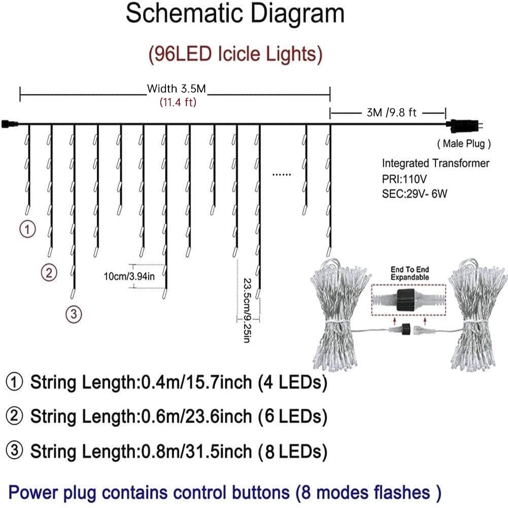 Orangie LED Icicle Lights, 96 LEDs 11.4ft 8 Modes, Curtain Fairy Light, LED String Light for Wedding/Christmas/Halloween/Thanksgiving/Easter/Party Backdrops Family Patio Lawn Decoration(Warm White)