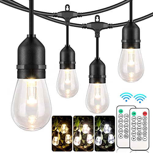 Mlambert 3 Color Outdoor LED Dimmable String Lights for Patio with Remote, Plug in 48FT Waterproof Edison Bulb, Warm White Daylight White Shatterproof Light for Cafe Bistro Pergola