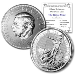 2024 1 oz british silver britannia coins by the royal mint brilliant uncirculated with certificates of authenticity £2 bu