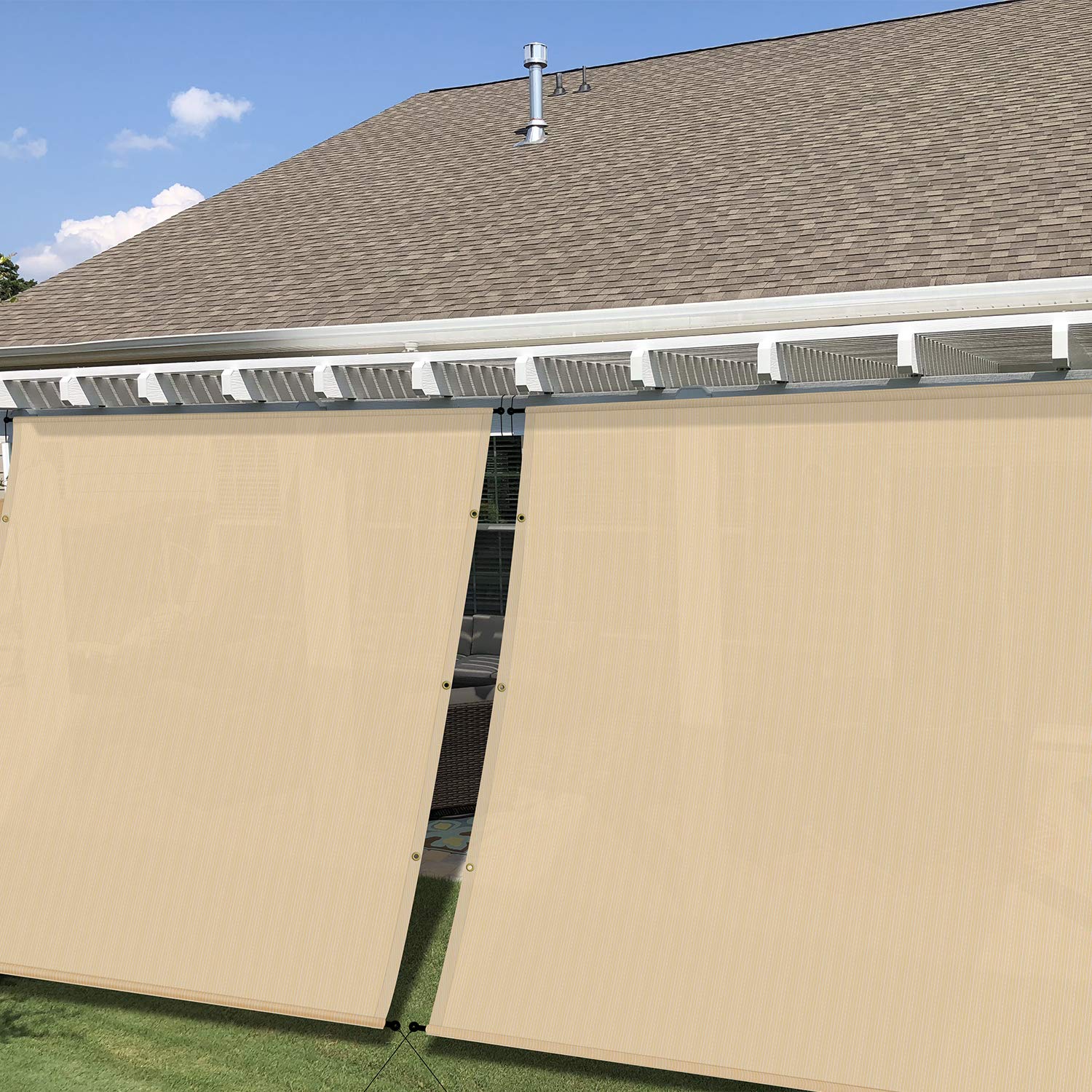 Windscreen4less 8’ x 16’ Universal Replacement Shade Cover Canopy for Pergola Patio Porch Privacy Shade Screen Panel with Grommets on 2 Sides Includes Weighted Rods Breathable UV Block Beige Tan