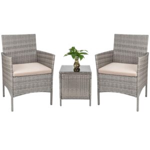 tuoze 3 pieces furniture rattan outdoor conversation patio set with table chairs backyard porch decor, grey