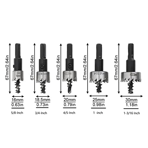 ChgImposs 5Pcs 16-30mm 5/8-Inch to 1-3/16 Inch HSS Hole Saw Cutter, Drill Bits Set Heavy Duty Tool Kit for Stainless Steel, Aluminum Alloy, Plastic and Wood