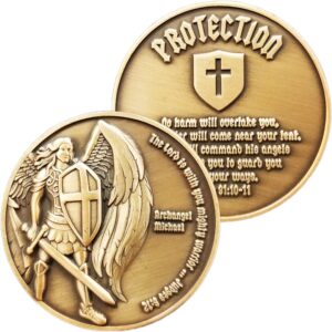 archangel saint michael, antique gold-color plated challenge protection coin, the lord is with you mighty warrior, judges 6:12 and no harm will overtake you, psalm 91 gift