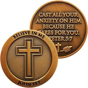 don't be anxious coin, believe in me, worry stone for anxiety, antique gold-color plated challenge coin, he cares for you - 1 peter 5:7 gift