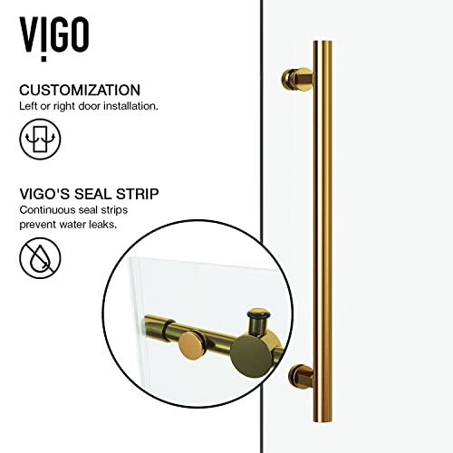 VIGO Adjustable 56-60" W x 74" H Elan Frameless Sliding Shower Door with Clear Tempered Glass, Reversible Handle in Matte Brushed Gold