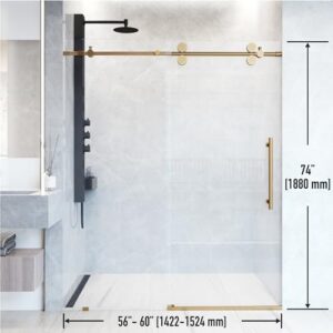 VIGO Adjustable 56-60" W x 74" H Elan Frameless Sliding Shower Door with Clear Tempered Glass, Reversible Handle in Matte Brushed Gold