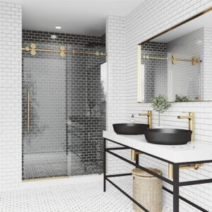 VIGO Adjustable 56-60" W x 74" H Elan Frameless Sliding Shower Door with Clear Tempered Glass, Reversible Handle in Matte Brushed Gold