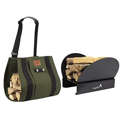 LogOX Fireside Bundle, WoodOX Sling Ergonomic Firewood Carrier & Hearth Bin Firewood Rack, Bundle Pack