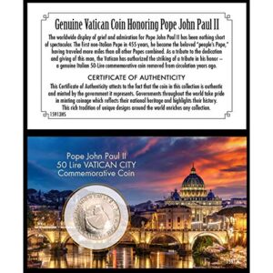 pope john paul ii coin | genuine 50 lire commemorative coin | vatican city | certificate of authenticity – american coin treasures