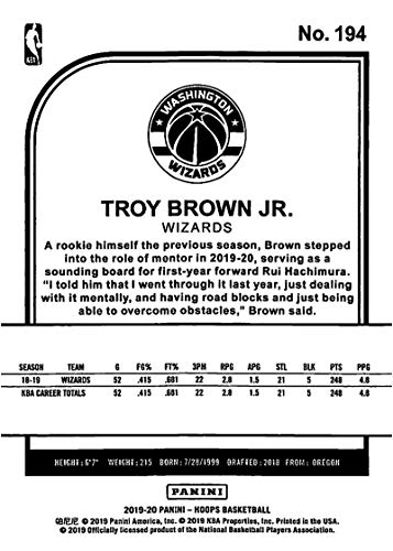 2019-20 Panini Hoops Winter #194 Troy Brown Jr. Washington Wizards NBA Basketball Trading Card