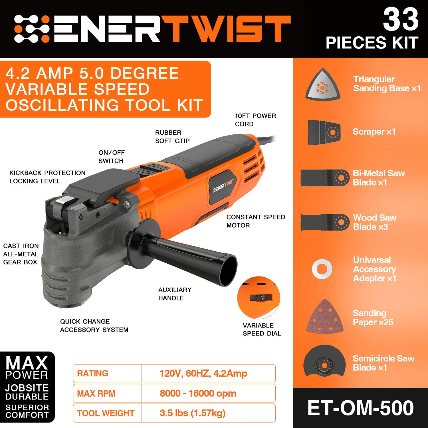 ENERTWIST Oscillating Tool, 4.2 Amp Oscillating Multitool Kit with 5° Oscillation Angle, 6 Variable Speed, 31pcs Saw Accessories, Auxiliary Handle and Carrying Bag, ET-OM-500