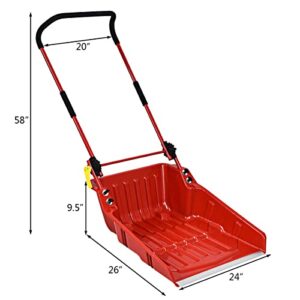 Goplus Snow Scoop, 26" x 24" Folding Snow Shovel, Sleigh Shovel with U-Handle & Wheels for Backyard Walkways Driveway, No Assembly Needed (Red)