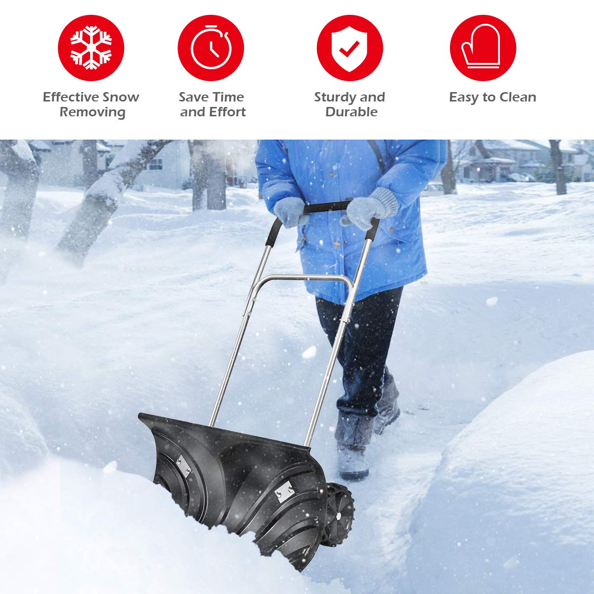 Goplus Rolling Snow Pusher Shovel, Handle Adjustable Snow Removal Tool, Manual Push Plow with 6-Inch Wheels for Driveway Pavement Stoop (Black)