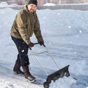 Goplus Rolling Snow Pusher Shovel, Handle Adjustable Snow Removal Tool, Manual Push Plow with 6-Inch Wheels for Driveway Pavement Stoop (Black)