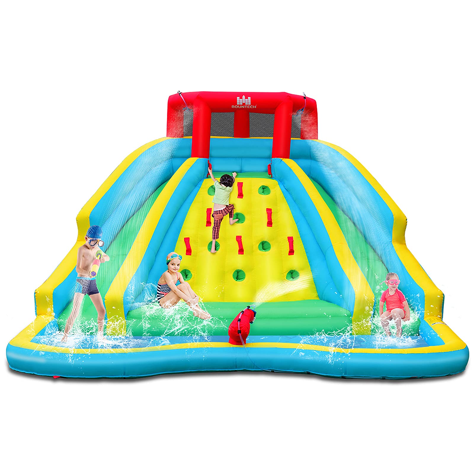 BOUNTECH Inflatable Water Slide, Mega Waterslide Park for Kids Backyard Outdoor Fun with Double Long Slides, Climbing Wall, Blow up Water Slides Inflatables for Kids and Adults Birthday Party Gifts