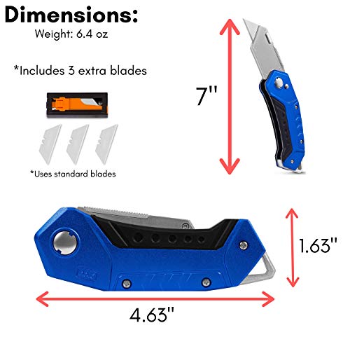 BirdRock Home Premium Folding Utility Knife – Small Compact Pocket – Folding Box Cutter Tool – 3 Extra Razor Blades – Cut Cardboard Boxes – Locking Safety Knife Set – Heavy Duty Aluminum Body