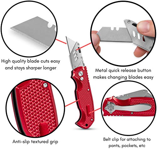 BirdRock Home Premium Utility Knife - Retractable Razor Knife Set - 3 Extra Blade Refills - Box Cutter Locking Razor Knife (Premium Utility Knife - Red)