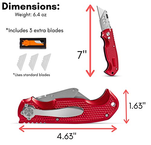 BirdRock Home Premium Utility Knife - Retractable Razor Knife Set - 3 Extra Blade Refills - Box Cutter Locking Razor Knife (Premium Utility Knife - Red)