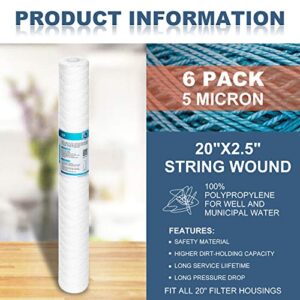 Membrane Solutions 5 Micron 2.5" OD x 20" Length Sediment Water Filter String Wound Polypropylene Cartridge for Whole House Filter Systems - 6 Pack