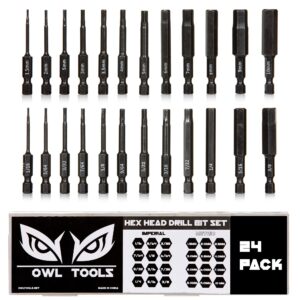 owl tools 24 pack of hex head allen wrench drill bits (cr-mo industrial strength metric & sae hex bits) - 2.3" with case