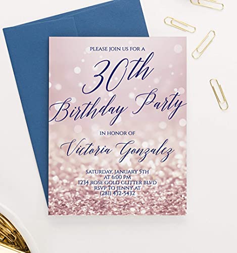 70th Birthday Party Invitations with Envelopes, 60th Birthday Invitations for Women Rose Gold, 30th Birthday Invitations for Women, Your choice of Age, Quantity and Envelope Color