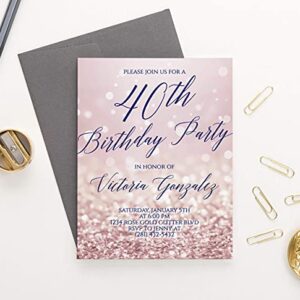 70th Birthday Party Invitations with Envelopes, 60th Birthday Invitations for Women Rose Gold, 30th Birthday Invitations for Women, Your choice of Age, Quantity and Envelope Color