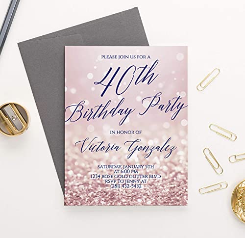 70th Birthday Party Invitations with Envelopes, 60th Birthday Invitations for Women Rose Gold, 30th Birthday Invitations for Women, Your choice of Age, Quantity and Envelope Color