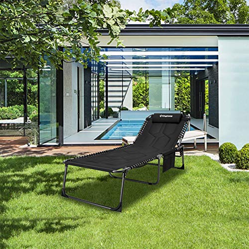 KingCamp Oversized Padded Folding Lounge Chair for Outdoor Patio Beach Lawn Pool Sunbathing Tanning, 5-Position Heavy Duty Portable Padded Camping Cot with Pillow, Support 300LBS