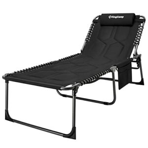 KingCamp Oversized Padded Folding Lounge Chair for Outdoor Patio Beach Lawn Pool Sunbathing Tanning, 5-Position Heavy Duty Portable Padded Camping Cot with Pillow, Support 300LBS