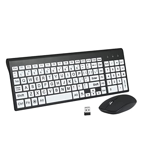 Full Size Large Print 2.4g Wireless Keyboard and Mouse with Oversized Print for Kids Visually Impaired Low Vision Individuals (Black)