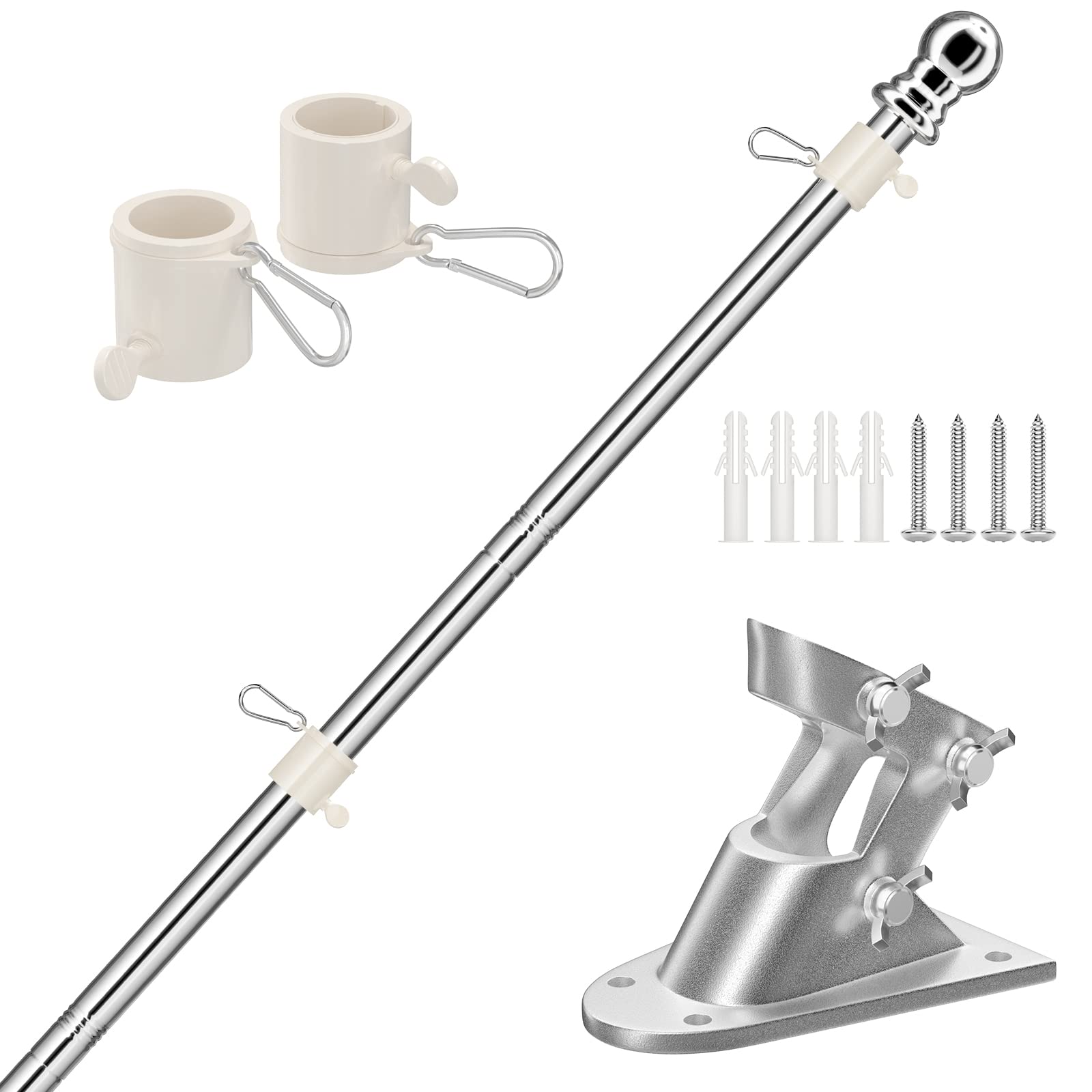 GLORYA 5ft Flag Pole with Holder - 1" American Flag Pole Kit for Outdoor - House Tangle-Free Flag Pole with Clips - Stainless Steel Wall Mounted Spinning Flag Pole for Residential and Commercial