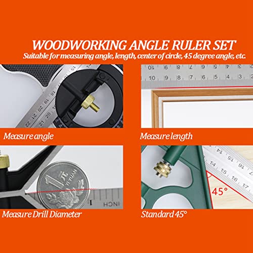Combination Square Set,Stainless Steel Universal Bevel 180 Degree Angle Combination Square Protractor Ruler Set for Measuring Inner and Outer Angles of The Parts