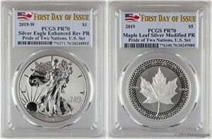 2019 w pride of two nations 2019 pride of two nations enhanced reverse proof american silver eagle and modified proof canadian maple leaf 2-coin u.s. set, pr70, first day of issue, pcgs pr-70