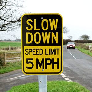 (3 Pack) Slow Down Speed Limit 5 MPH Sign, Slow Down Sign, 18" x 12" Engineer Grade Reflective Sheeting, Rust Free Aluminum, Weather Resistant, Waterproof, Fade Resistant, 2 Pre-drilled Holes