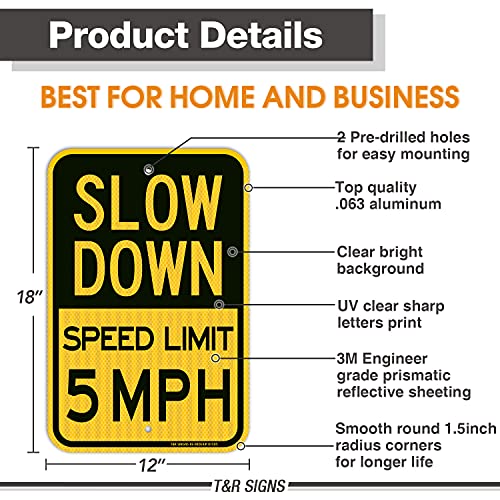 (3 Pack) Slow Down Speed Limit 5 MPH Sign, Slow Down Sign, 18" x 12" Engineer Grade Reflective Sheeting, Rust Free Aluminum, Weather Resistant, Waterproof, Fade Resistant, 2 Pre-drilled Holes