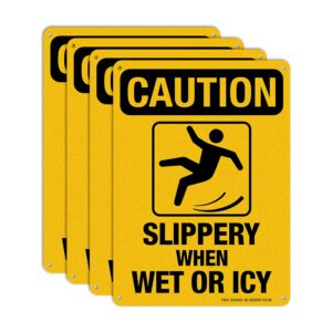 slippery when wet or icy sign, caution sign, 4 pack, 10" x 7" rust free .040 aluminum, uv protected, waterproof, weatherproof and fade resistant, 4 pre-drilled holes