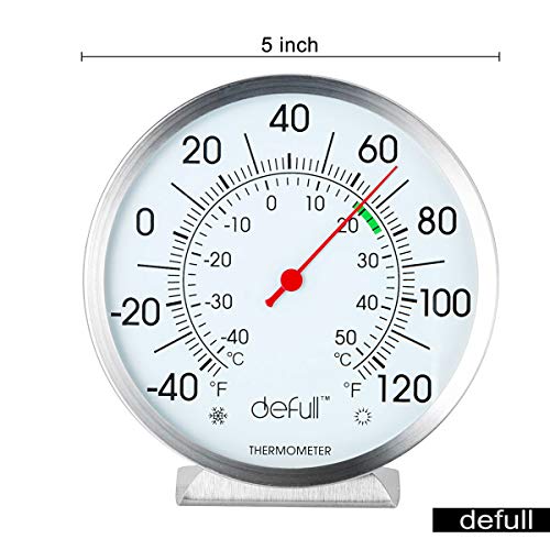 Indoor Outdoor Thermometer 5 inch Stainless Steel Wall Thermometer High Precision Weather Dial Thermometer with Mounting Bracket for Patio, Pool, Kitchen, Garden, Wall and Room Decorative