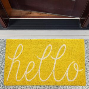 DII Hello Coir Fiber Doormat Non-Slip Durable Outdoor/Indoor, Pet Friendly, 17.5x29.5, Yellow