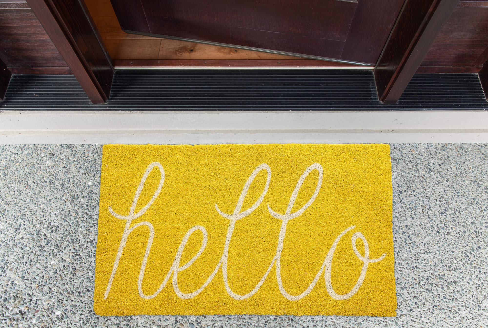 DII Hello Coir Fiber Doormat Non-Slip Durable Outdoor/Indoor, Pet Friendly, 17.5x29.5, Yellow