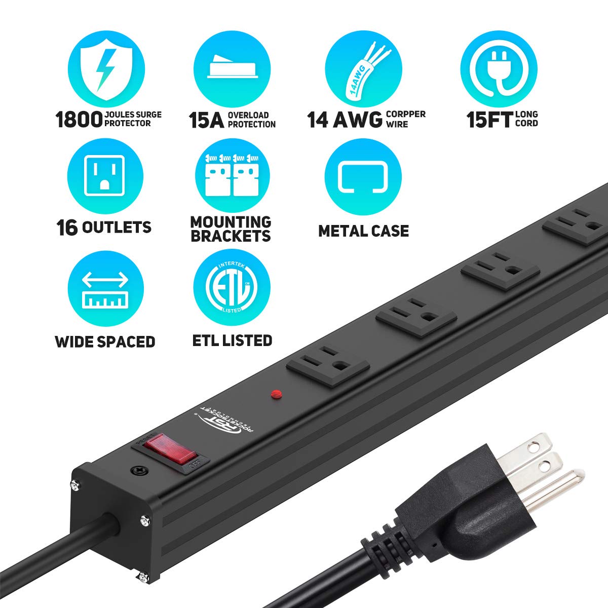 CRST Heavy Duty Surge Protector Power Strip Wide Spaced 16-Outlet 15 Feet Long Extension Cord Power with Circuit Breaker 1800 Joule for Home, Office, Commercial