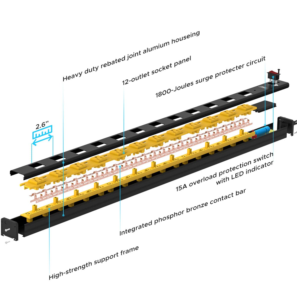 CRST Heavy Duty Surge Protector Power Strip Wide Spaced 12-Outlet 15 Feet Long Extension Cord with Mounting Brackets 15A Circuit Breaker 1800 Joules…