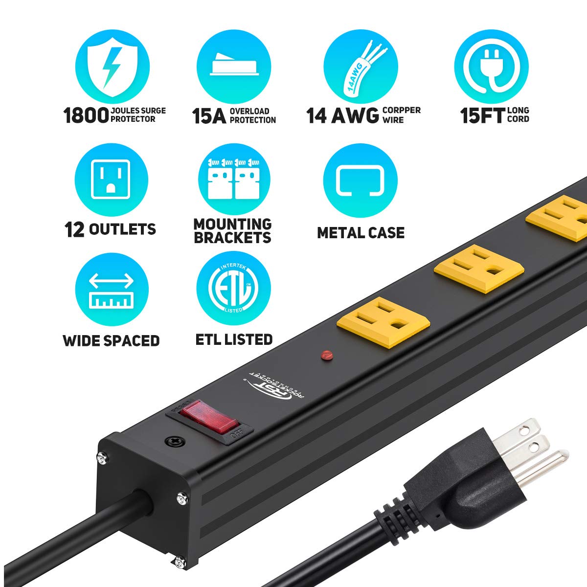 CRST Heavy Duty Surge Protector Power Strip Wide Spaced 12-Outlet 15 Feet Long Extension Cord with Mounting Brackets 15A Circuit Breaker 1800 Joules…