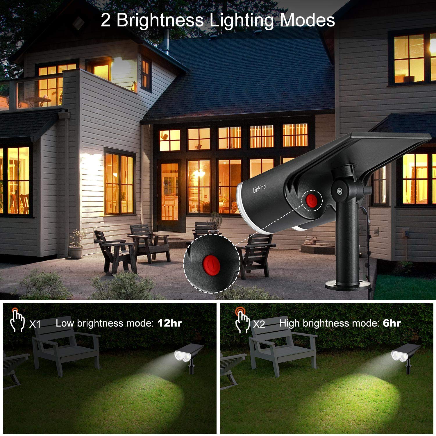 Linkind StarRay Solar Spot Lights Outdoor, 16 LEDs IP67 Waterproof Dusk-to-Dawn Landscape Spotlights, 6500K Daylight Wall Lights for Garden Yard Driveway Walkway, 4 Pack