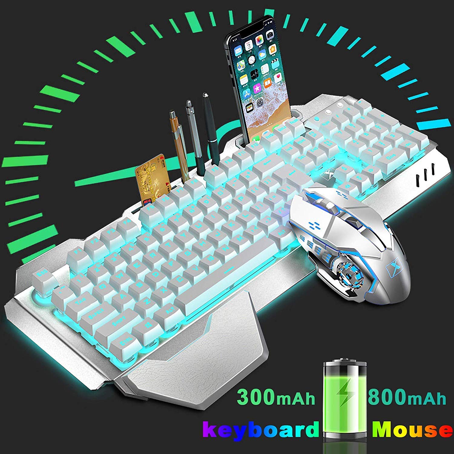 Wireless Keyboard and Mouse,Blue LED Backlit Rechargeable Keyboard Mouse with 3800mAh Battery Metal Panel,Removable Hand Rest Mechanical Feel Keyboard and 7 Color Gaming Mute Mouse for PC Gamers