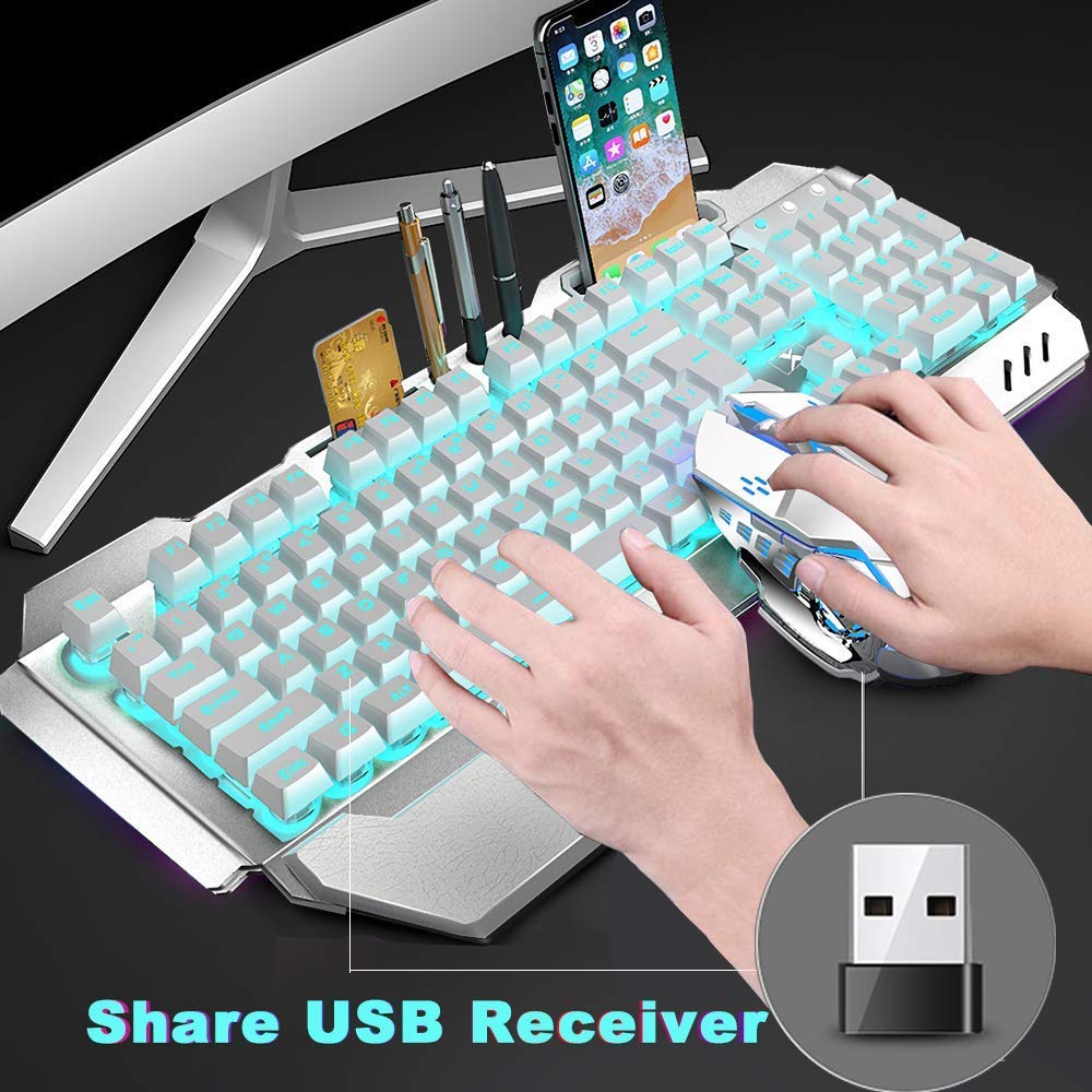Wireless Keyboard and Mouse,Blue LED Backlit Rechargeable Keyboard Mouse with 3800mAh Battery Metal Panel,Removable Hand Rest Mechanical Feel Keyboard and 7 Color Gaming Mute Mouse for PC Gamers