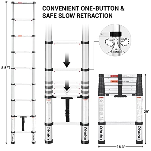 Ohuhu 8.5 FT Aluminum Telescoping Ladder, One-Button Retraction Heavy Duty Extension Ladder for Home, ANSI Certified Collapsible Ladders with Safe Slow Restoring for RV Roof Loft