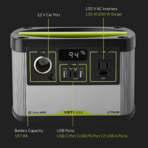 Goal Zero Yeti Portable Power Station - Yeti 200X w/ 187 Watt Hours Battery Capacity, USB Ports & AC Inverter - Solar Generator for Camping, Travel, Outdoor