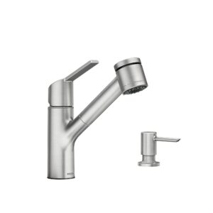 moen sombra spot resist stainless single-handle pull-out sprayer kitchen faucet with soap dispenser and power clean, 87701srs