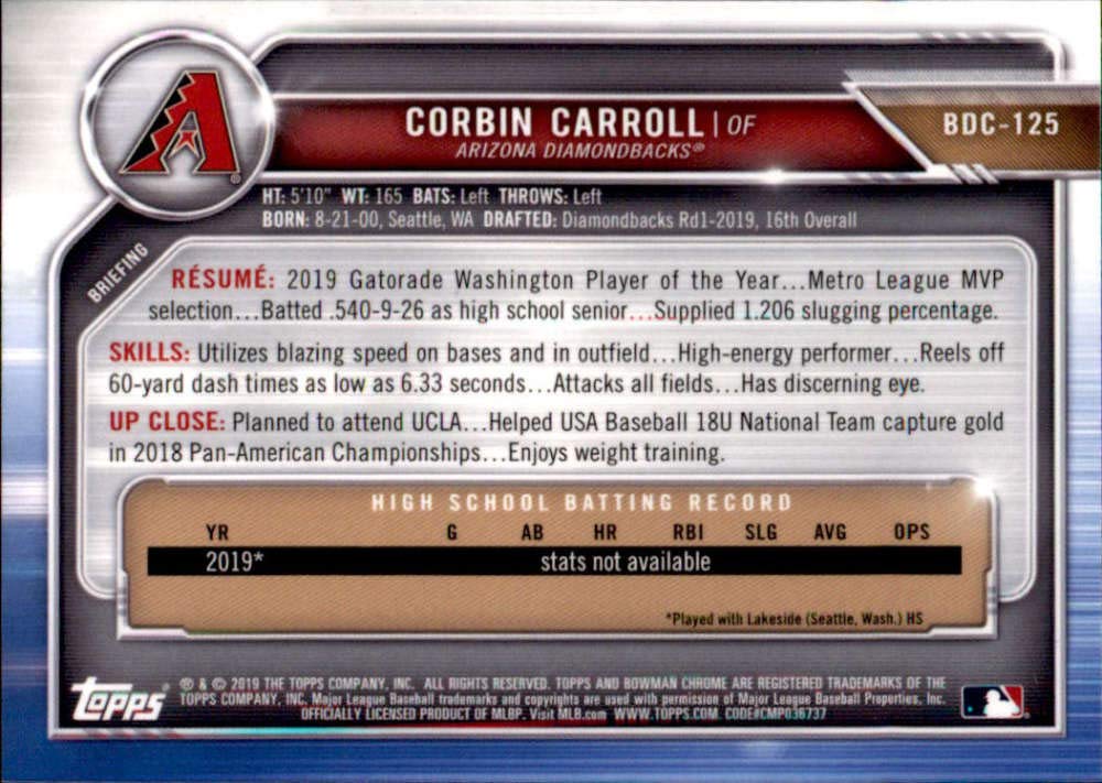 2019 Bowman Draft Chrome#BDC-125 Corbin Carroll Arizona Diamondbacks Baseball Card